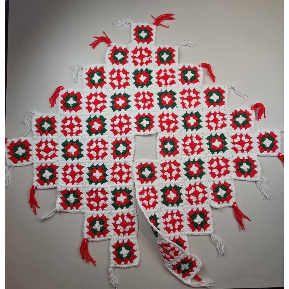 Vintage Crochet Granny Square Christmas Tree Skirt Handmade Red Green Tassel 44"